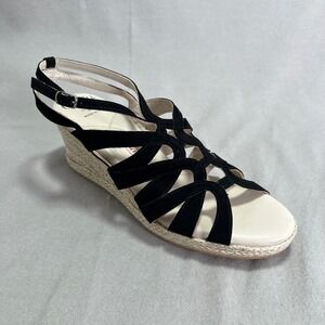 Amalfi Rangoni Luca Black Cashmere Wedge Sandals Suede Espadrille Ankle Strap 8W